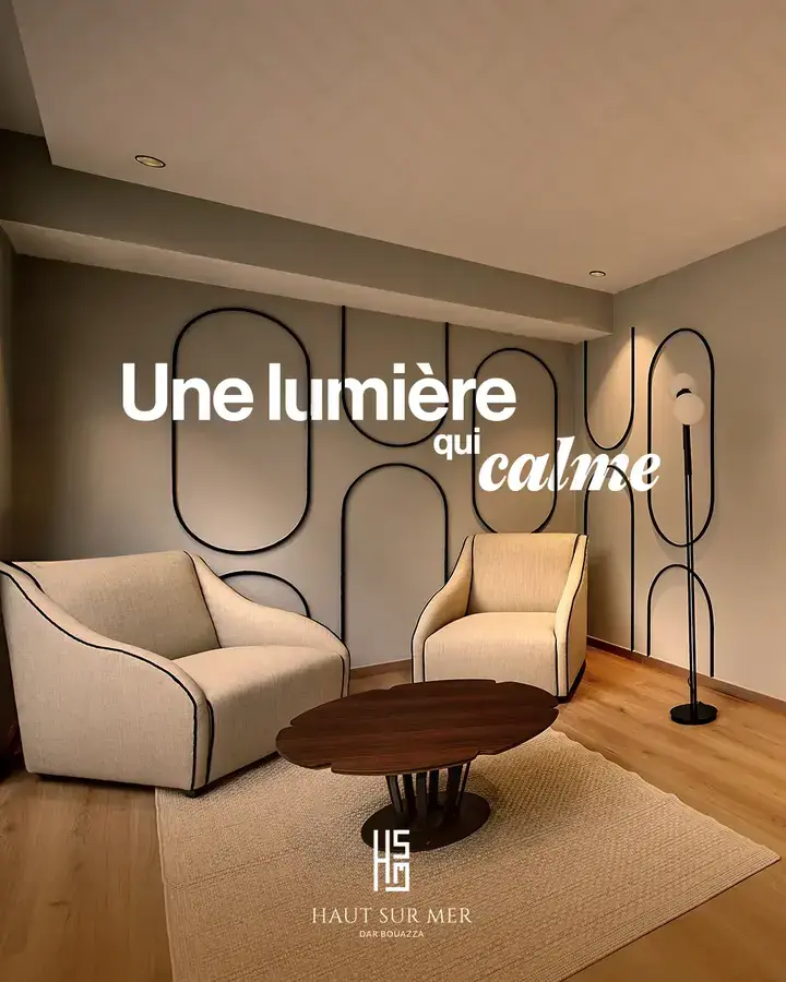 Haut sur Mer campaign visual featuring a calm lounge interior