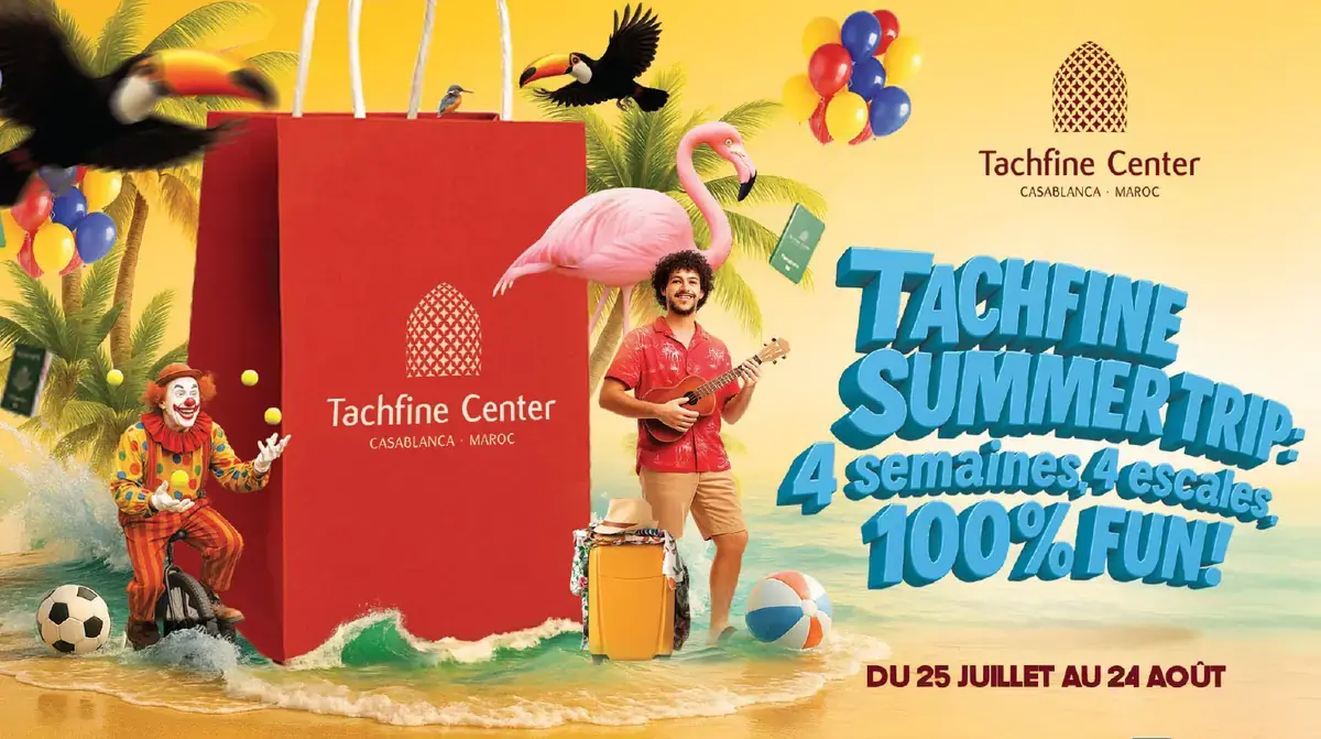 Tachfine Center Summer Trip campaign visual with tropical entertainment and shopping imagery