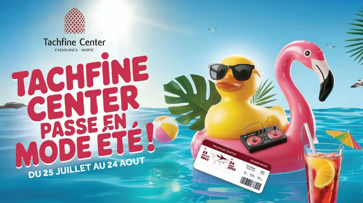 Tachfine Center Mode Été campaign visual featuring summer travel and leisure imagery
